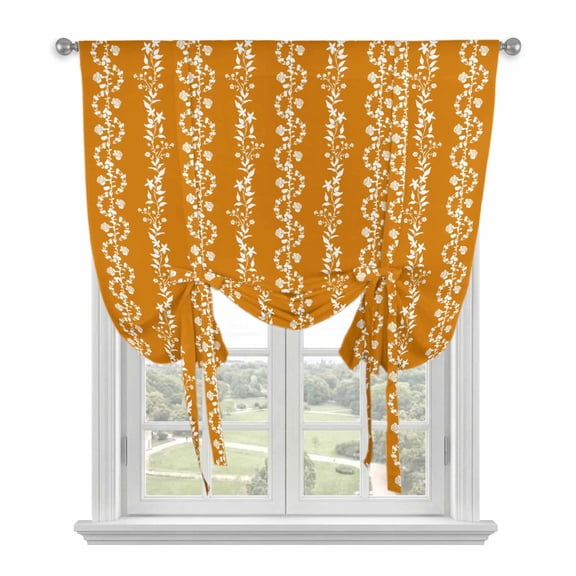 Orange Spring Leaves Tie Up Curtains for Windows, Balloon Window Shades, Pastoral Botanical Striped Flowers Kitchen Window Treatments Roll Up Curtain for Basement/Nursery 52"x45"