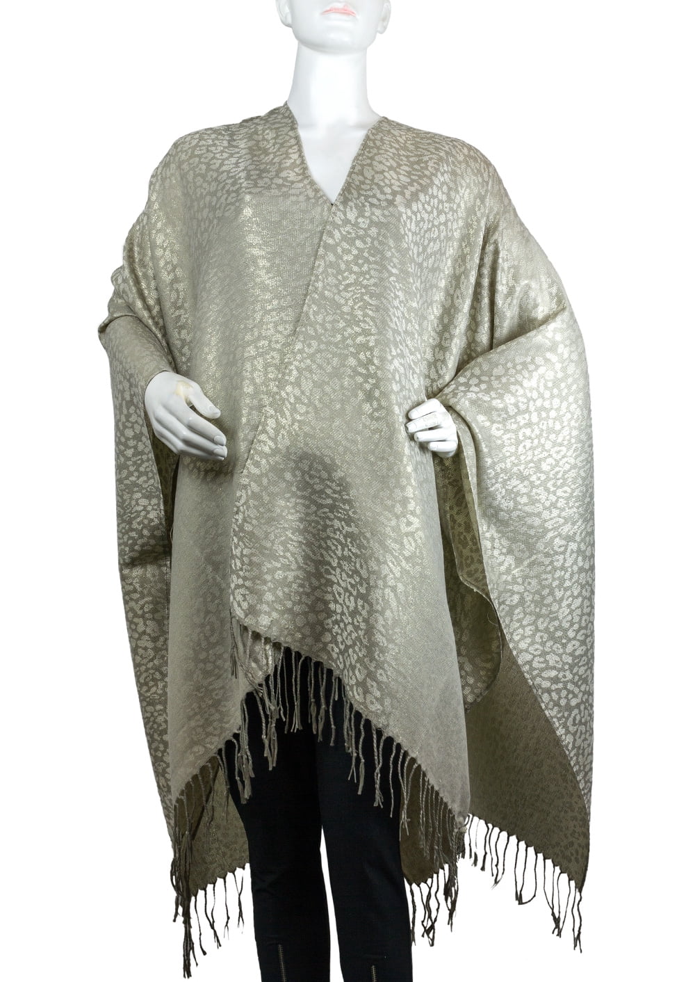 Jessica McClintock Women's Gold Metallic Leopard Jacquard Wrap with Fringe