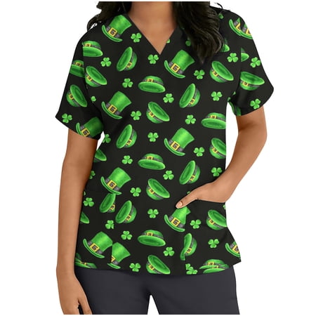 

Zeceouar Scrubs Tops For Women Designs Plus Size Scrub Shirts V-Neck St. Patrick Printing Short Sleeve Nursing Working Uniform Tops With Pocket