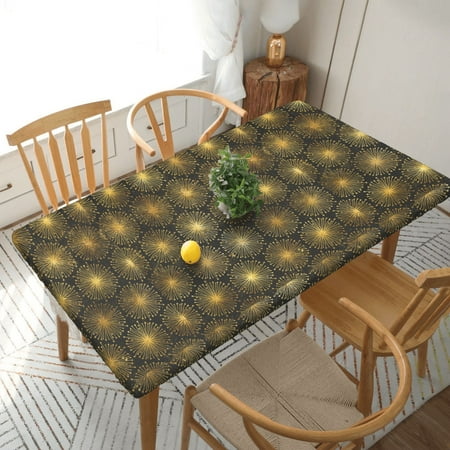 

Home Deluxe Tablecloth Ethnic Boho Pattern Golden Waterproof Elastic Rim Edged Table Cover- For Christmas Parties And Picnics 5ft