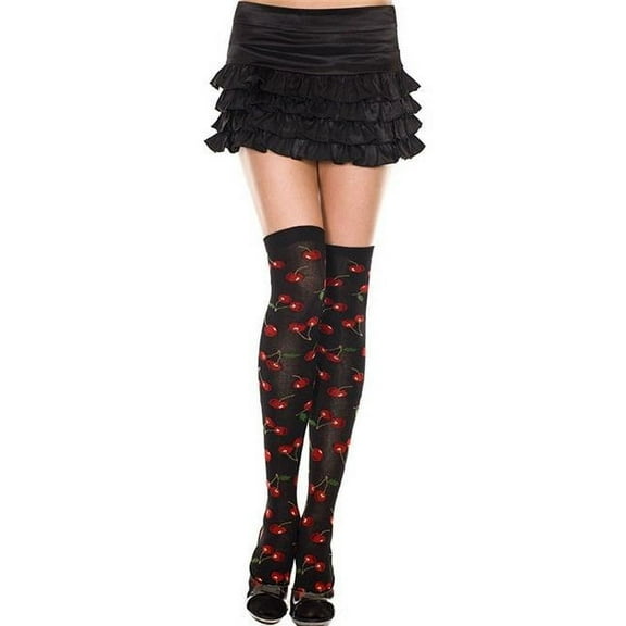 Music Legs 4607-BLACK-RED Cherry Print Acrylic Thigh High Stockings, Black & Red