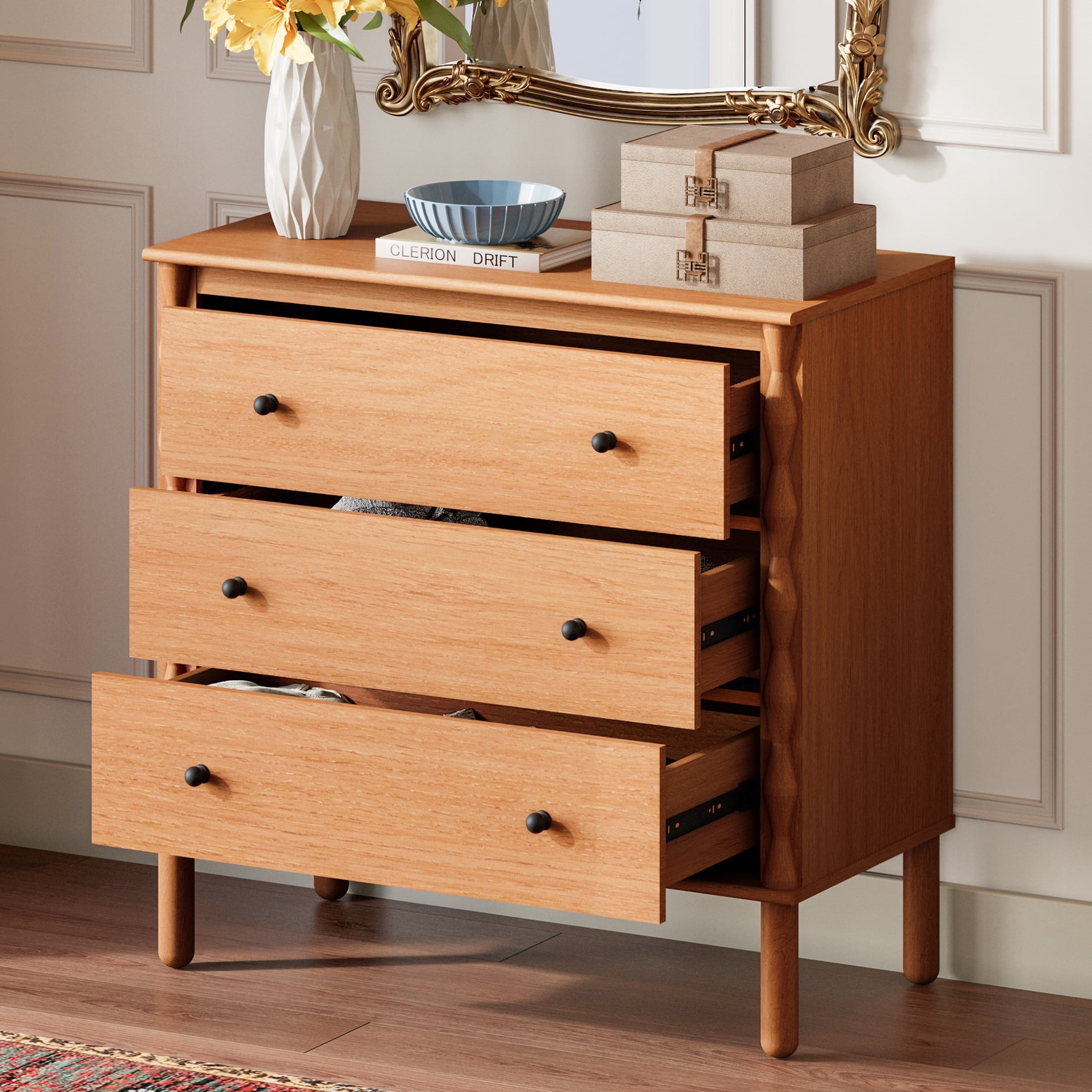 PRE-ASSEMBLED Drawer Glides & Anti-Tip Kit 3 Drawer Dresser for Bedroom，Brown