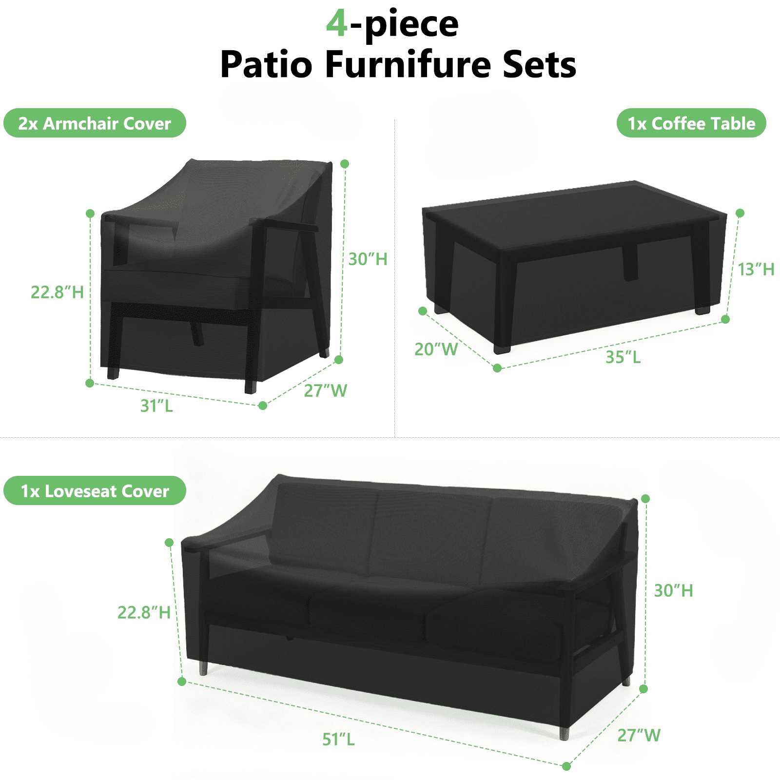 Limerenc Patio Furniture Covers, 4-Piece Outdoor Furniture Covers Waterproof for Patio Loveseat, Chair and Coffee Table, Black