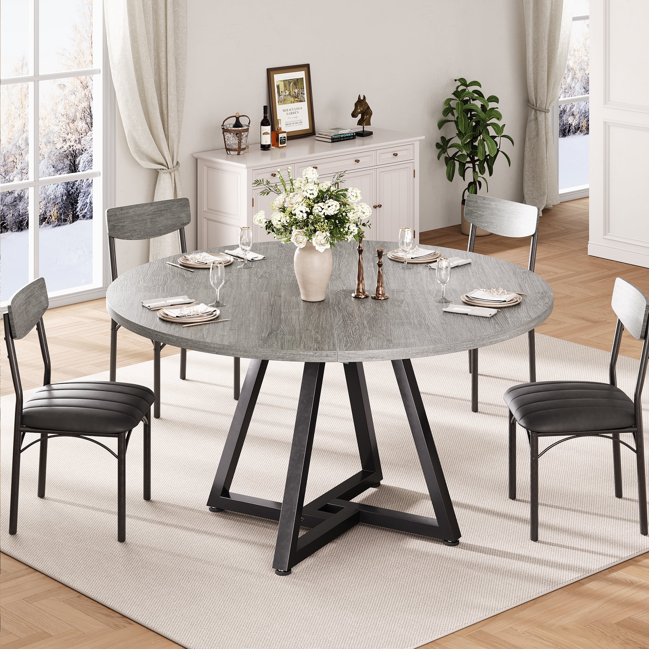 Anyact 47in Round Dining Table for 4, Kitchen Dining Room Circle Dinner Pedestal Table,Kitcen Table Sturdy Wood Kitchen & Dining Room Furniture, Gray(Only Table)