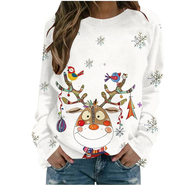 Staron Chandail de Noël pour Femmes à Manches Longues, Renne Drôle, T-Shirt Graphique de Noël, Col Rond Décontracté, Hauts Mode, Blouse Laide, Cadeaux à Moins de 10 Dollars pour Femmes