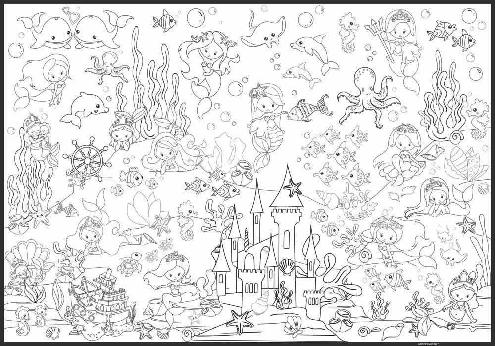 Giant Coloring Poster - Premium Jumbo Coloring Sheets for Kids & Adults with Thick Bleed-Resistant Pages, Use on Floor, Wall, or as Table Cloth, Use With Alcohol Based Markers (60” x 42”, Mermaid)