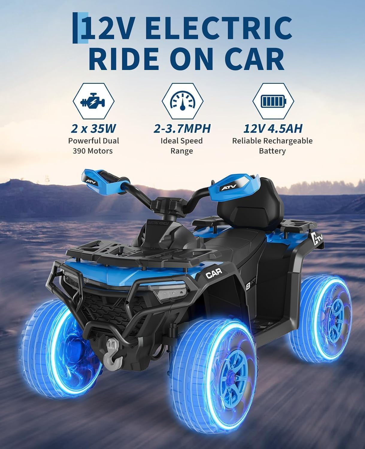 Historyli Powered Ride Ons,12V 4 Wheeler ATV,Ride on Eletric Motorcycle,2-Seater Electric Vehicle Toy Car with High&Low Speed,Music,Led Lights for 3-8 Years,Blue