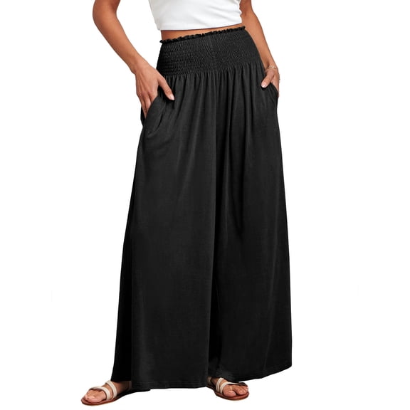 ANRABESS Womens Wide Leg Pants Summer Casual Palazzo Lounge Pants High Smocked Waist Loose Beach Pants with Pockets
