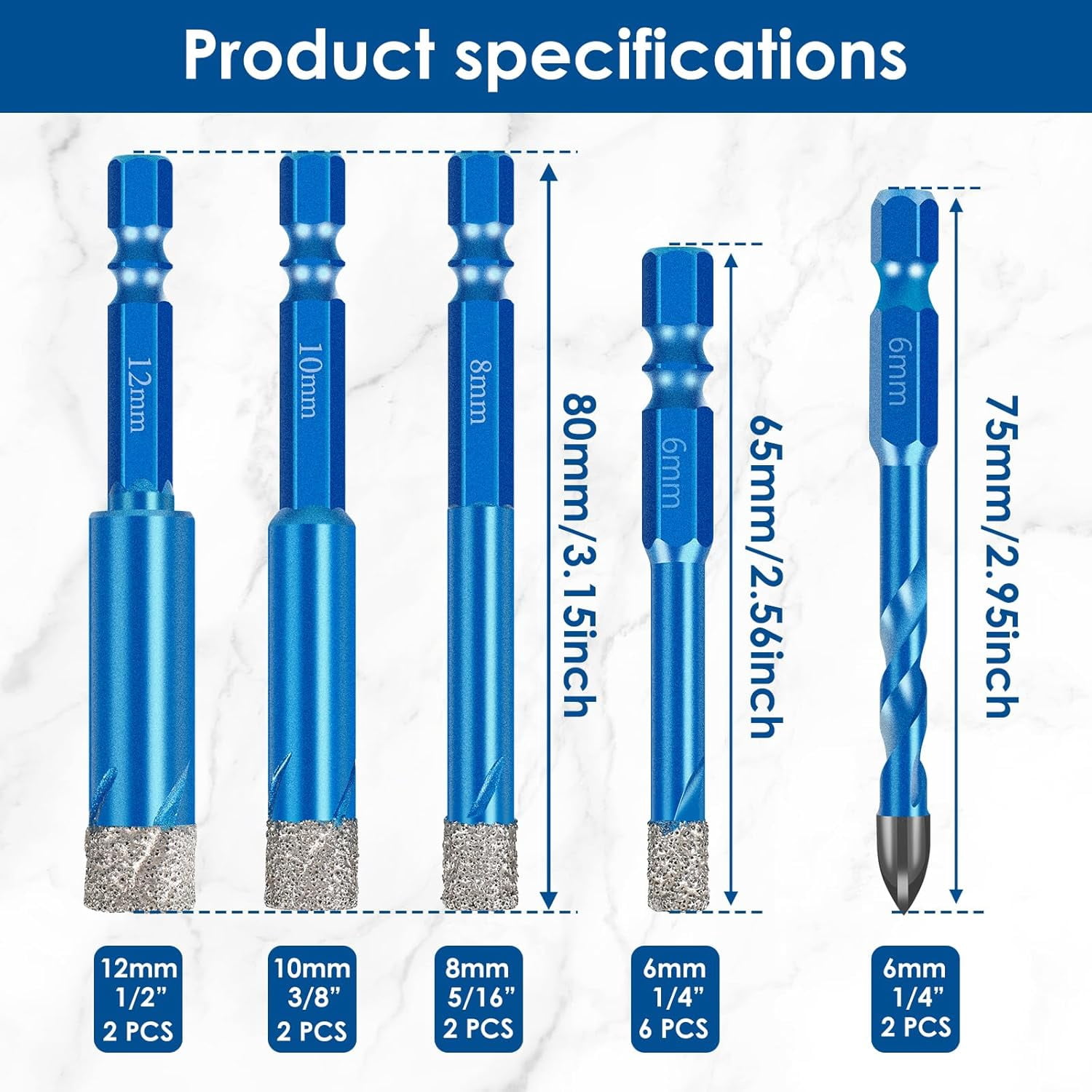 FRKSMD-14 PCS Diamond Drill Bits Set, Dry Diamond Drill Bit Set, Hex Shank Tile Drill Bits for Glass Ceramic Pots Porcelain Tiles Stone - 1/4” 5/16” 3/8” 1/2”, Blue