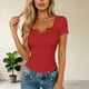 thumbnail image 3 of Mujeres Manga Corta Tops Casual Ruffle Botón V-Cuello Montado Manga Corta Superior Poliéster Ligero Suave Cómodo para la Primavera Verano Uso Diario, 3 of 5