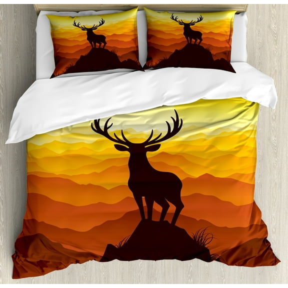 Antlers Duvet Cover Set, Deer at Sunset Adventure Wildlife Panoramic Valley Hill Silhouette, Decorative 3 Piece Bedding Set with 2 Pillow Shams, Queen Size, Burnt Sienna Marigold, by Ambesonne