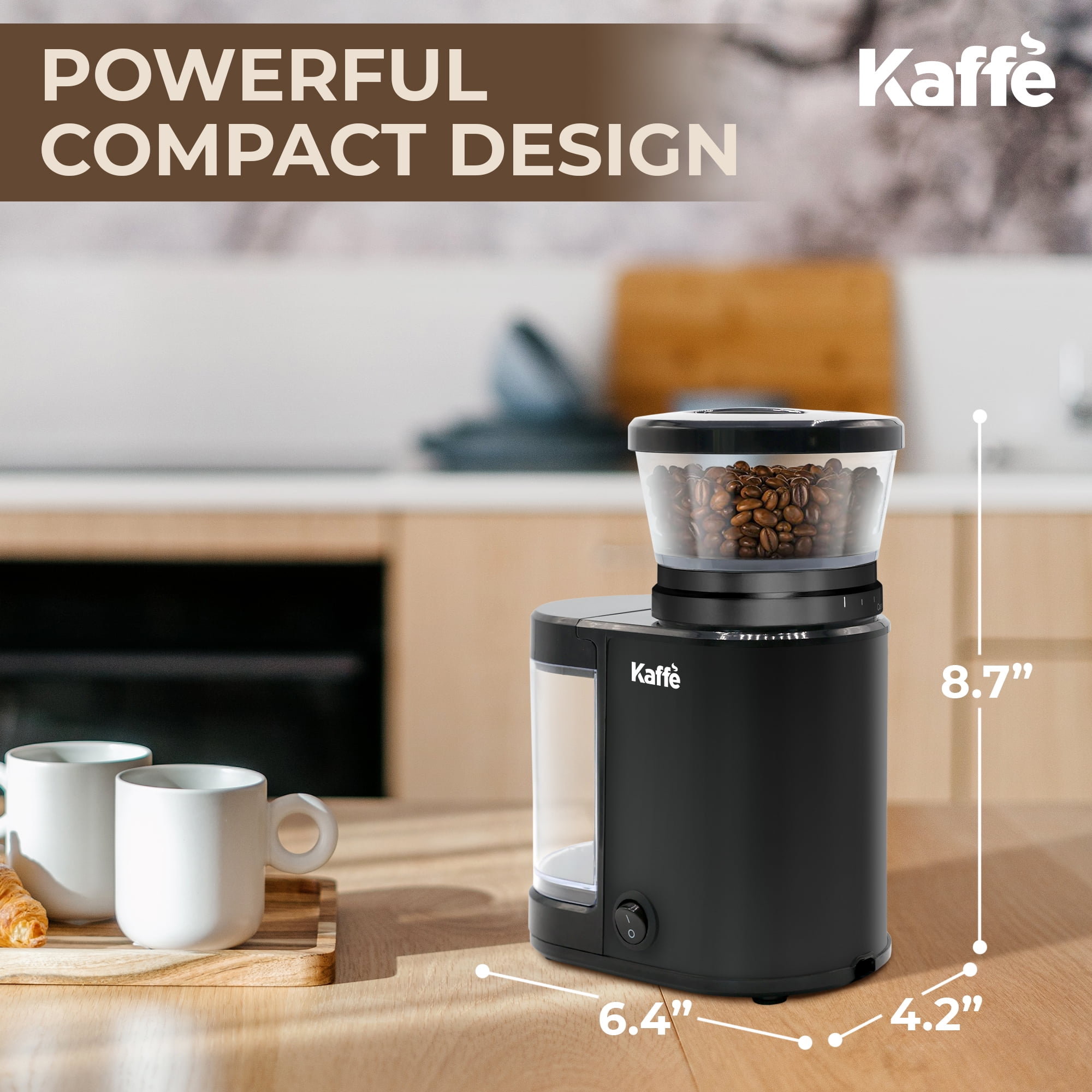 Kaffe Electric Burr Coffee Grinder (5.5oz) w/ Adjustable Coarseness Settings - Flat Burr - [New Upgraded Motor ] - Precision Coffee Bean Grinder for Home Use - Black