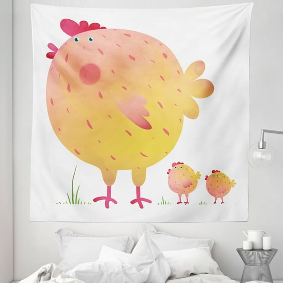 Chicken Tapestry, Mother Hen and Chicks Farm Animals Agriculture Family Theme, Fabric Wall Hanging Decor for Bedroom Living Room Dorm, 5 Sizes, Pale Orange Dark Coral, by Ambesonne