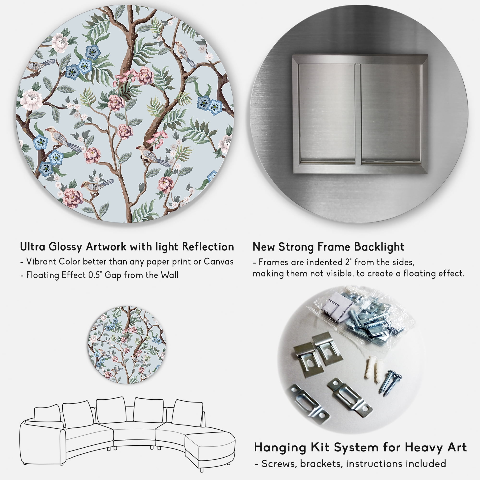 Designart 'Birds and Peonies With Chinoiserie X' Traditional Circle Metal Wall Art 23x23 - Disc of 23