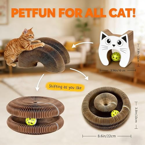 Twisty Paws Cat Toy - Magic Organ Kitty Curl Scratcher with Bell-Ball, Magnetic & Foldable Cardboard Shape Shifting, Interactive Accordion Kurlz Board for Indoor Cats