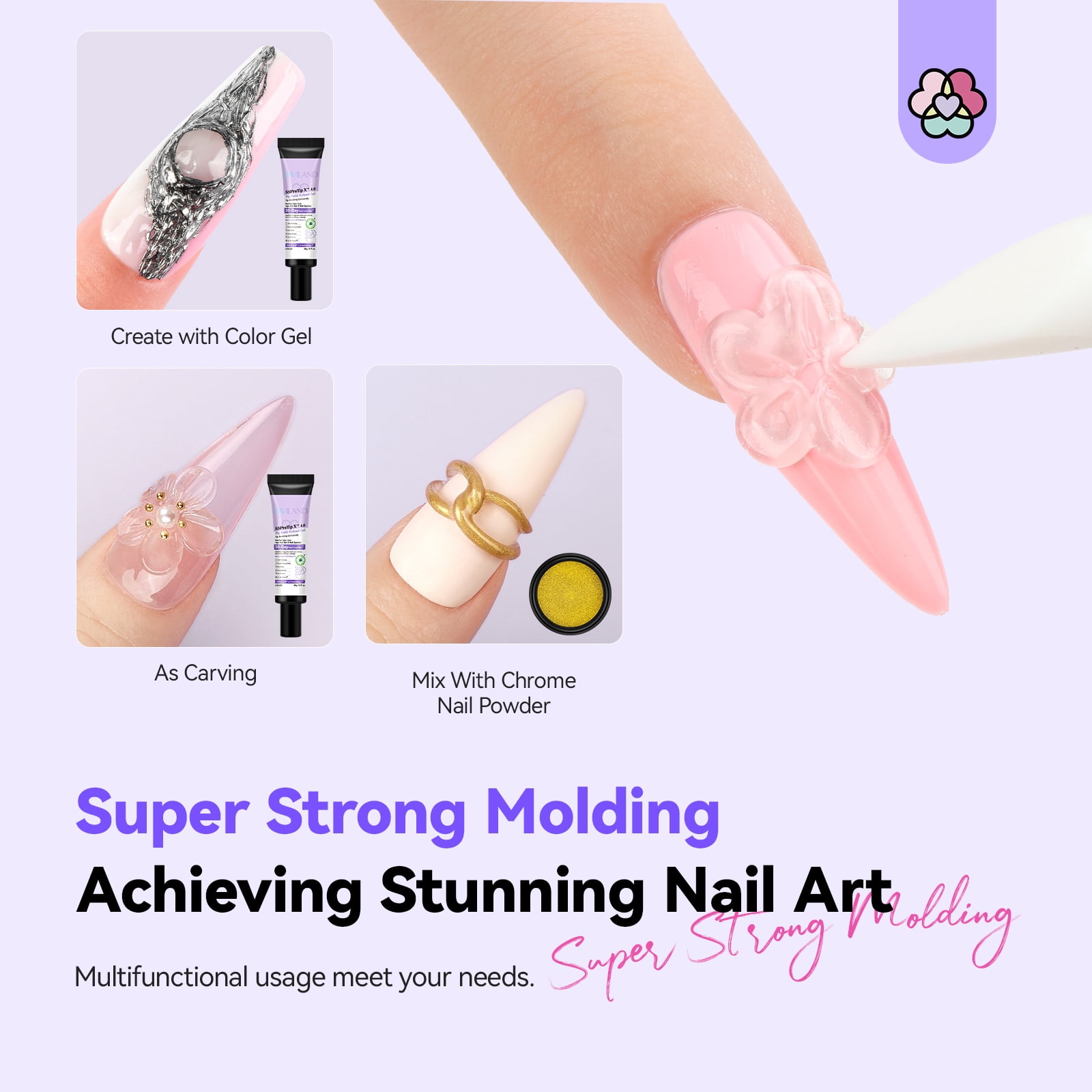 SAVILAND 3D Sculpting Gel and Chrome Nail Powder Kit: 15g No Wipe Clear 3D Nail Gel for Nail Art, 3D Carving Nail Molding Gel & Metallic Chrome Powder Set for Gel Nail Art Decoration Manicure