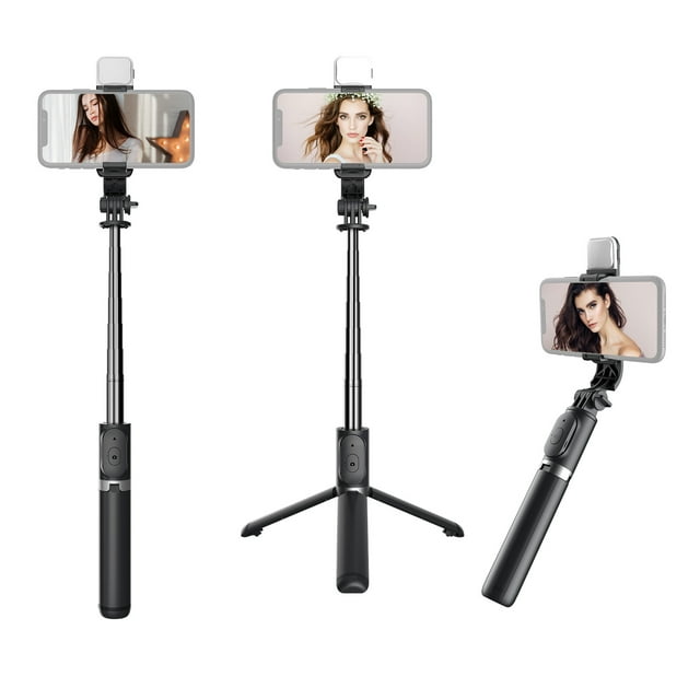 Multifunctional Wireless BT Selfie Stick Portable Extendable Tripod Stand with Fill Light 104.5cm Max. Length Remote Control for Vlog Video Group Photo Selfies Live Stream