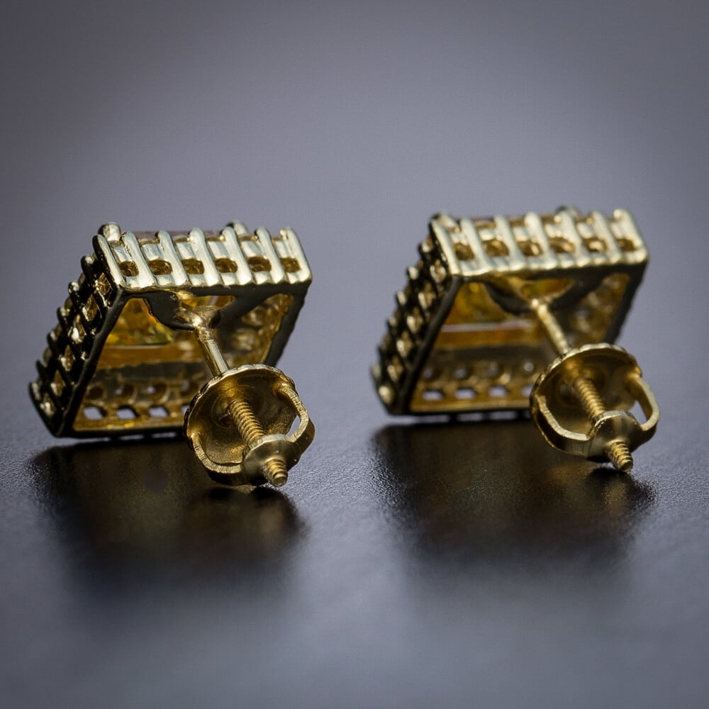 Yellow Gold 925 Sterling Silver Square Canary Yellow Cz Unisex Screw Back Earrings