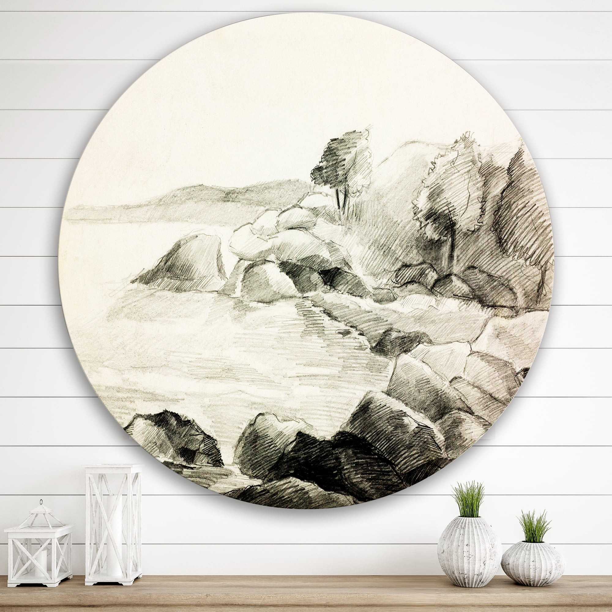 Designart 'Black and White Lake Shore' Nautical & Coastal Circle Metal Wall Art 36x36 - Disc of 36