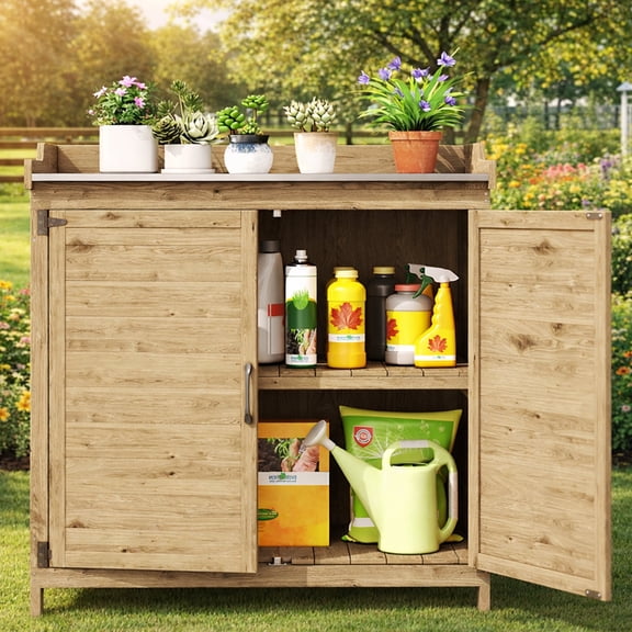 Weatherproof Wooden Storage Cabinet with Metal Tabletop - Outdoor Potting Bench, Garden Work Table with Adjustable Shelf & Double Doors for Backyard, Patio, Lawn in Natural