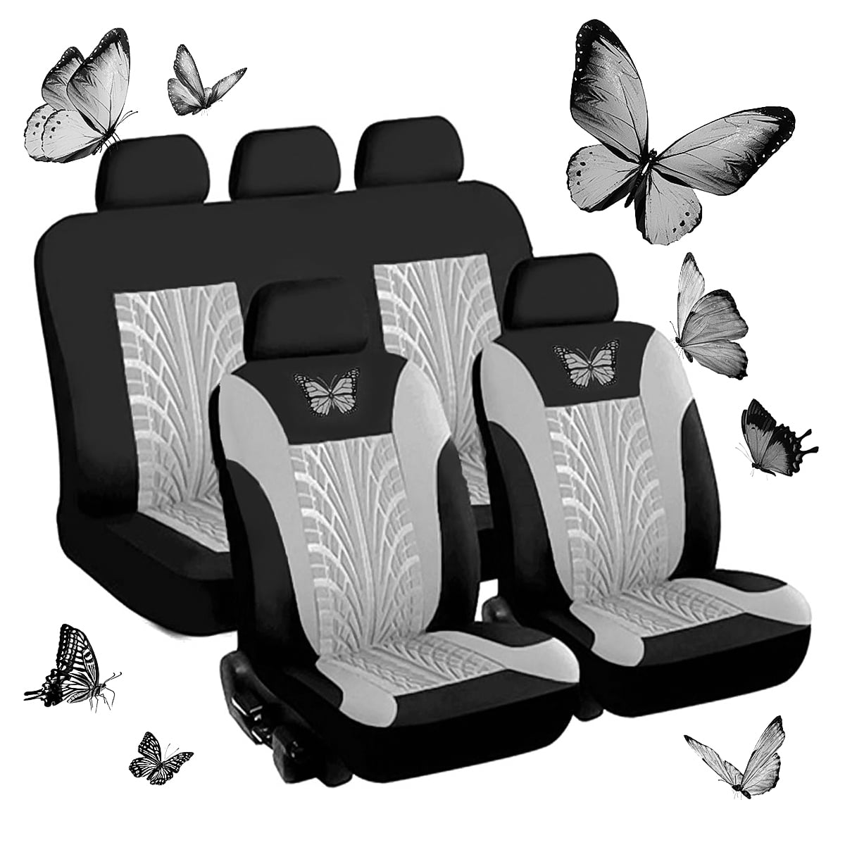 9PCS Universal Car Seat Covers Full Set Protector Cushion Front Rear 3D Butterfly Embroidery Pattern, Grey
