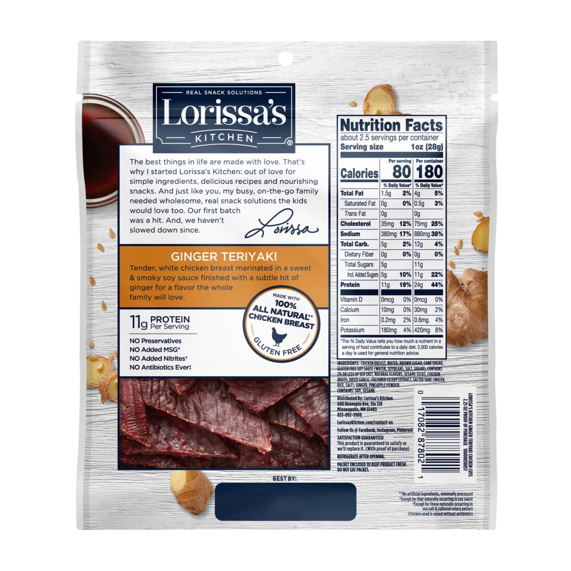 2.25oz Lorissa's Kitchen Chicken Breast Cuts Ginger Teriyaki 1/1 Count