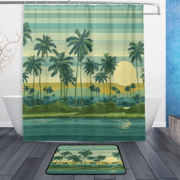 TTYFWHD 60" x 72" Shower Curtain and Bath Mat Set Teal Tropical Print Waterproof Bathroom Curtain with 12 Hooks, Bathroom Decor Set