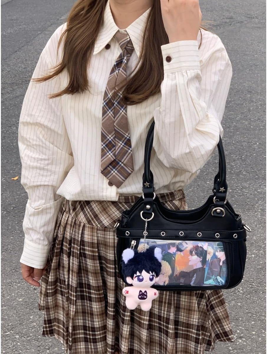 SPEKSEE Anime Ita Bag PU Leather Shoulder Bag with Display Window, Studded Handbag with Adjustable Strap