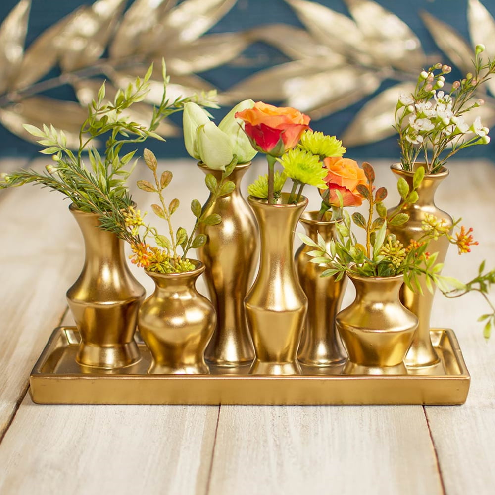 Gold Square Bud Vase Centerpiece Ceramic Vase Cluster on Tray Set 