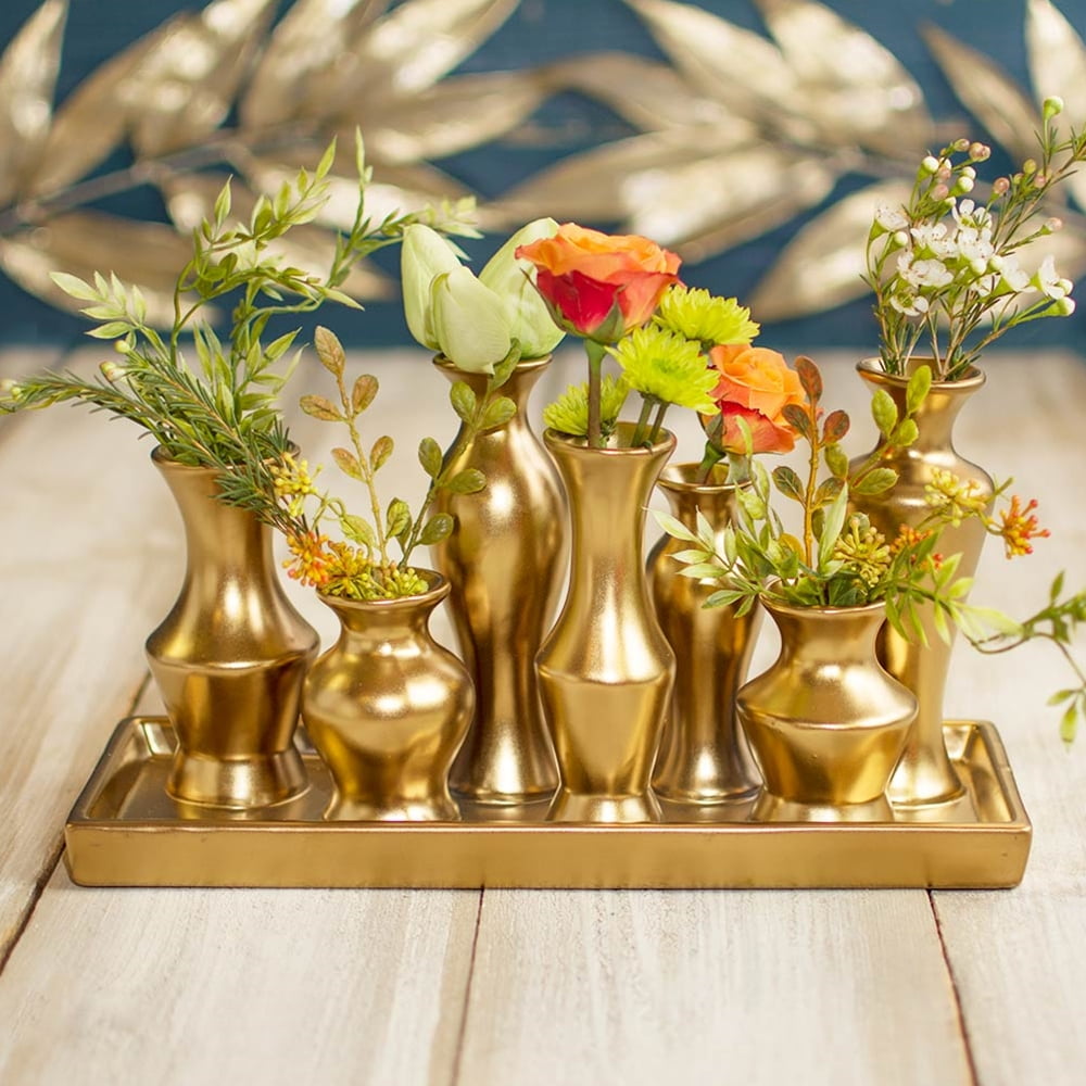 7 Ceramic Vase Clusters on Tray, Rectangular Bud Vases, Centerpiece, Gold