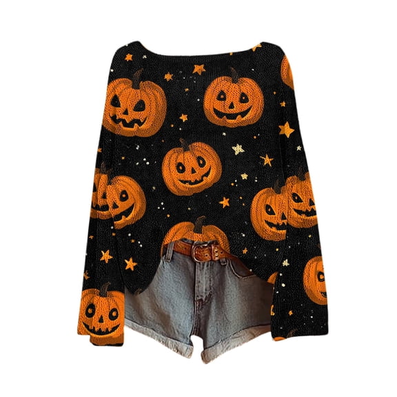 Bovemsi Womens Sweaters Halloween For Women Season Sweatshirt Graphic Print Long Sleeve Knit Pullover Tops Pumpkin Sweater