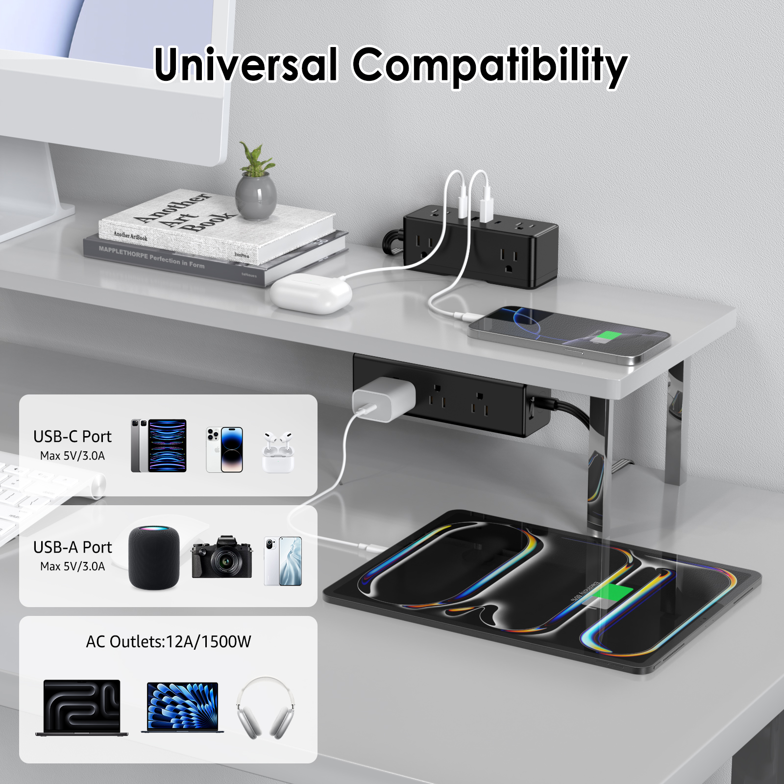VILONG Desk Clamp Power Strip with 2 USB-c & 2 USB-a,15-Outlet Surge Protector, Edge Mount Design,5ft Extension Cord for Desktop(ETL Certified, Black)