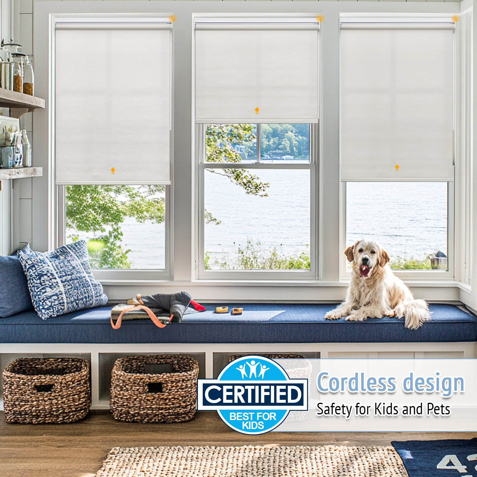 Keego No Drill Motorized Blinds, Smart Blinds for Windows Work with Voice Assistant, Custom Automatic Blinds with Pull-Rod Trigger Motorized Roller Shades - White (Blackout), 22"W x 72"H