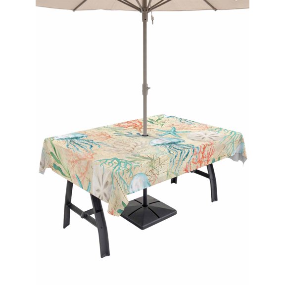 Outdoor Tablecloth with Umbrella Hole and Zipper, Teal Red Coastal Rectangle Table Cloth 60x102 Inch Waterproof Tablecloth, Jellyfish Nautical Beach Coral Starfish Picnic Table Cover for Patio