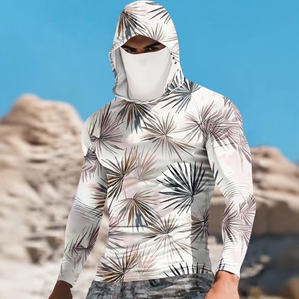 Ceisia Radial Botanical Print Hooded Top Men's Slim Fit Long Sleeve UV Protective Face Mask Shirt White M Gifts