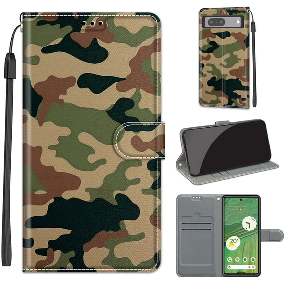 SaniMore Wallet Case for Google Pixel 7 6.3" 2022, PU Leather Color Painting Kickstand Wrist Strip Magnetic Clasp Cash Pocket Card Holders Shockproof Full Protective Case, Camo