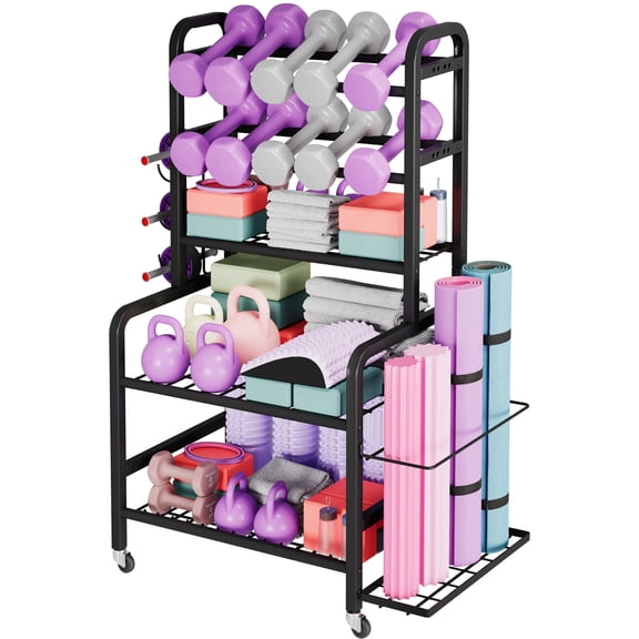 Homeiju Dumbbell Rack, 5 Tier Weight Rack for Home Gym, Yoga Mat Storage Holder with Lockable Wheels, Dumbbell Stand with Hooks, All in One Work out Equipment Storage for Yoga Mat Dumbbell and Balls