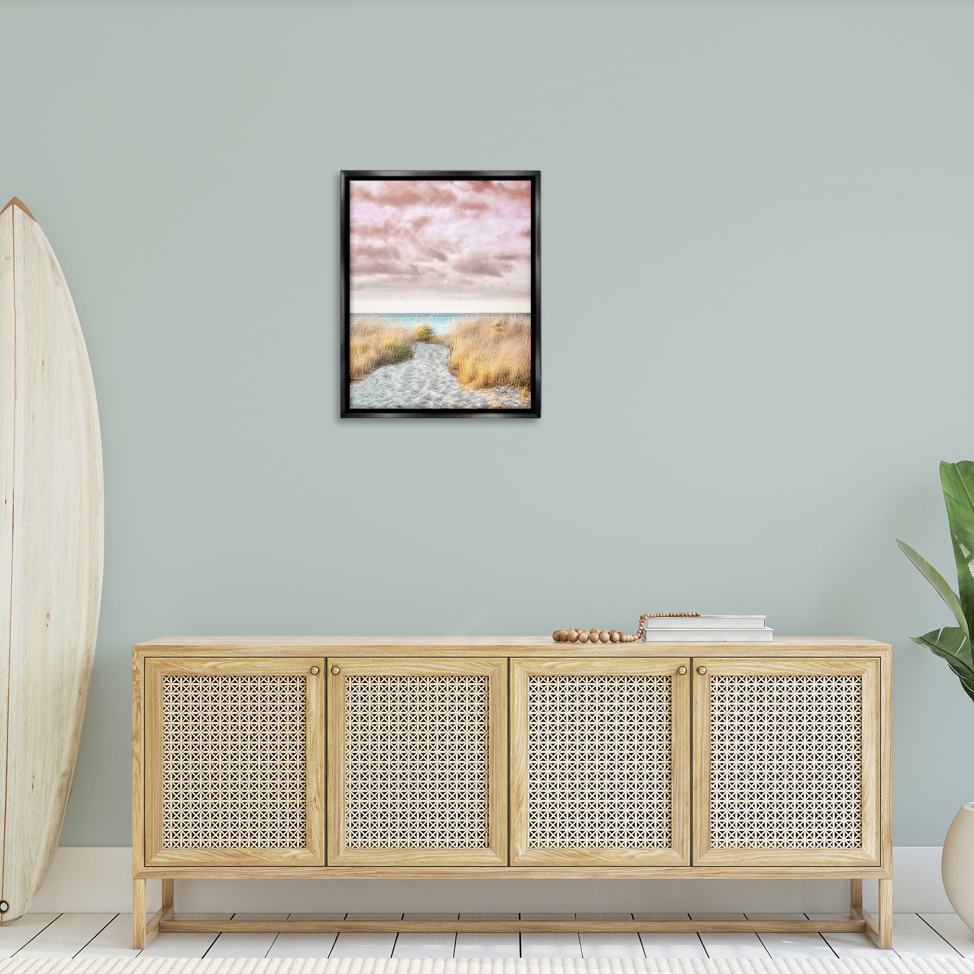 Stupell Industries Beach Path with Pink Sky Landscape Photography Black Floater Framed Canvas Art Print Wall Art, 25 x 31