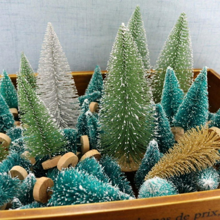 Etmact 24pcs Mini Pine Trees Frosted Sisal Trees with Wood Base Bottle Brush Trees Plastic Winter Snow Ornaments Tabletop Trees for Crafting, Displayi