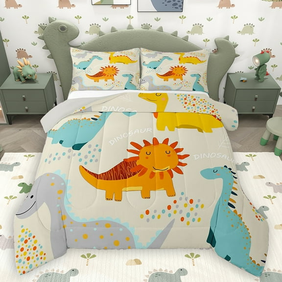 Homewish Cute Dinosaur Full Size Comforter Sets for Kids, Funny Jungle Animal Bedding Comforter Set, Chic Wheat Polkadots Reversible Bedding Sets, Ultra Soft Bedroom Decor, 3 Pieces