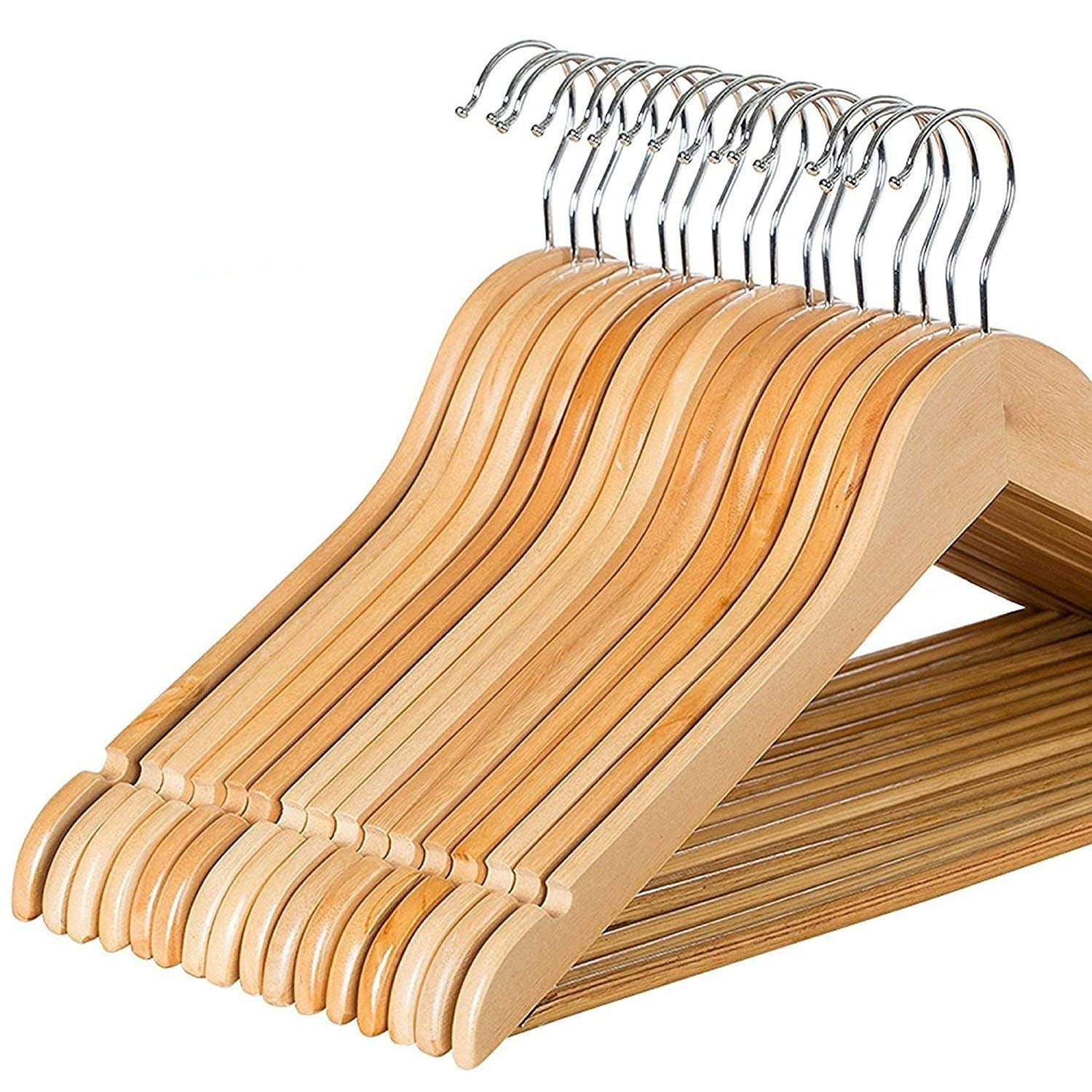 JS HANGER 16 Pack Unfinished Solid Wooden Suit//Coat Hangers Natural Color Black Anti-Rust Rotatable Hooks and Non-Slip Pant Bar Pant Hangers