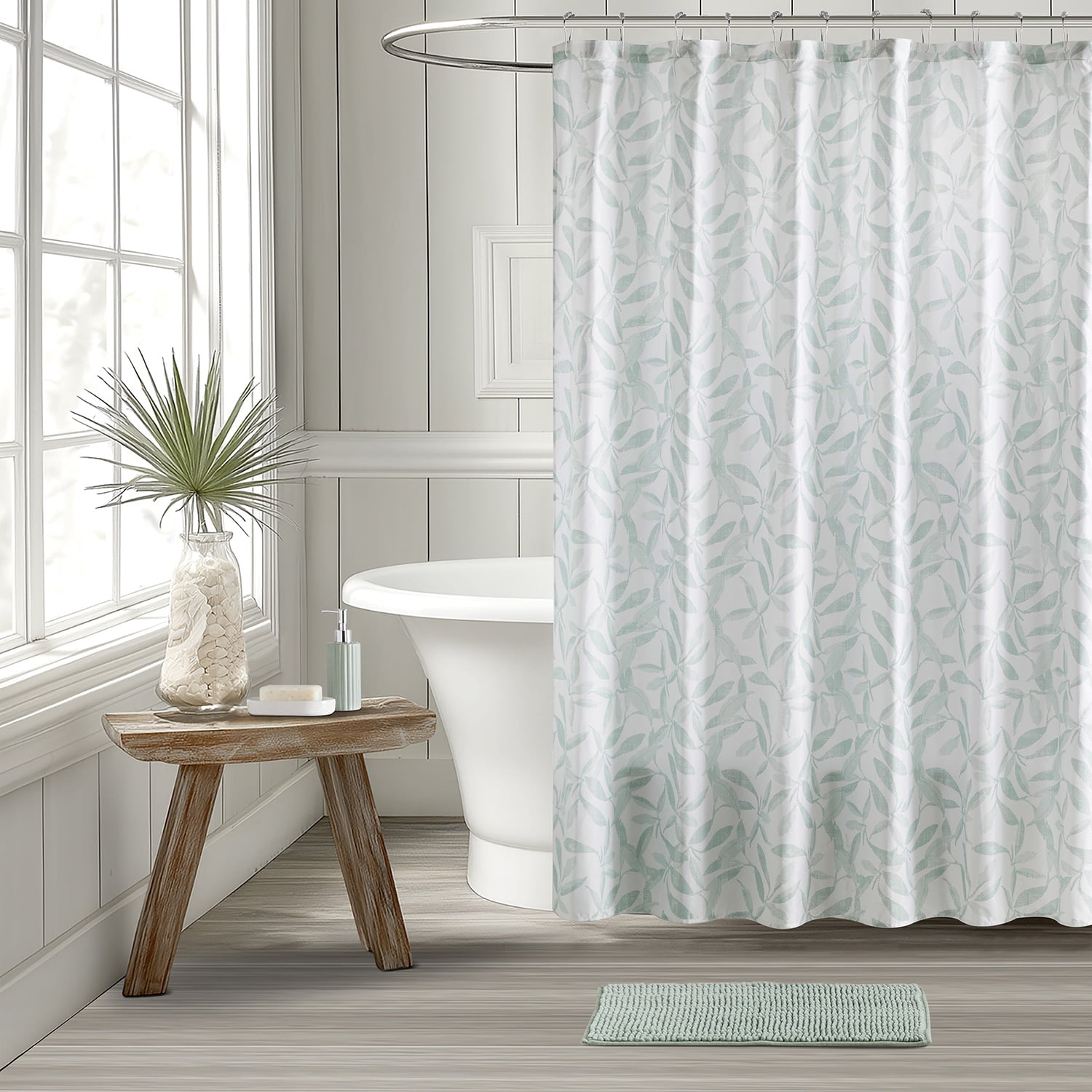 Mainstays 16-Piece Green Leaf Shower Curtain Bathroom Set - Fabric Curtain with Rug, Hooks, Soap Dispenser & Tray