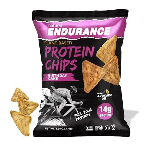 Chips de proteína Natural Endurance - Chips bajos en carbohidratos, refrigerio alto en proteínas, proteína vegana con aceite de aguacate, 14 g de proteína por bolsa, sin gluten, sabor a pastel de cump