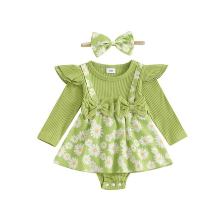 

Wilcliar Baby Girls Romper Dress Daisy Print Ruffle Long Sleeve Romper Dress Bow Headband 2Pcs Sets