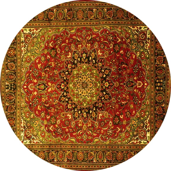 Ahgly Company Machine Washable Indoor Round Medallion Yellow Traditional Area Rugs, 7' Round