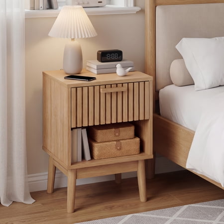 Boho Small Nightstand – Compact Side Table with Drawer & Open Shelf Wood-Accent Bedside End Table for Bedroom Dorm Living Room and Small Spaces
