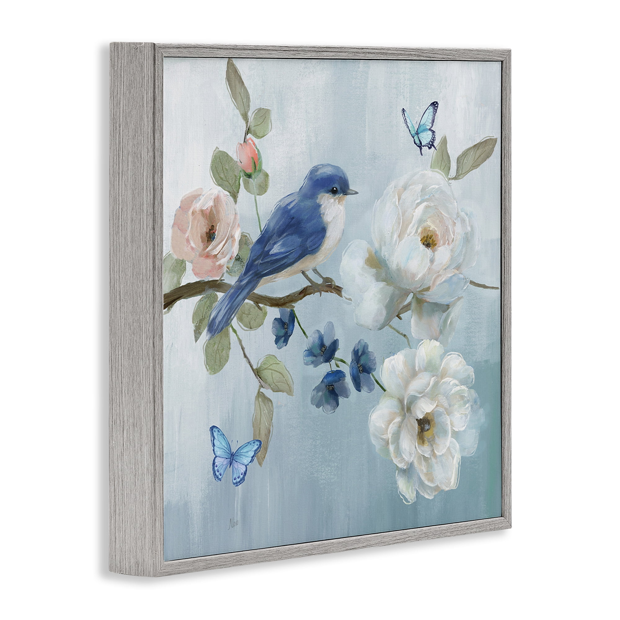 Stupell Industries Blue Bird Tranquility Gray Framed Giclee Art, design by Nan