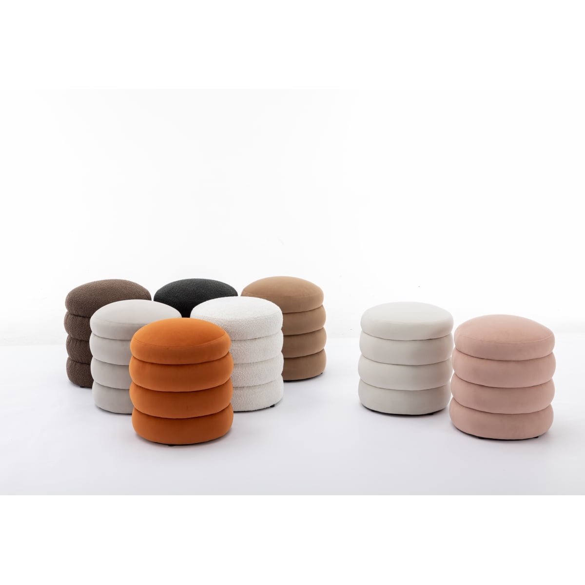 006-Ivory Soft Velvet Round Ottoman Versatile Footrest Stool for Living Room Bedroom
