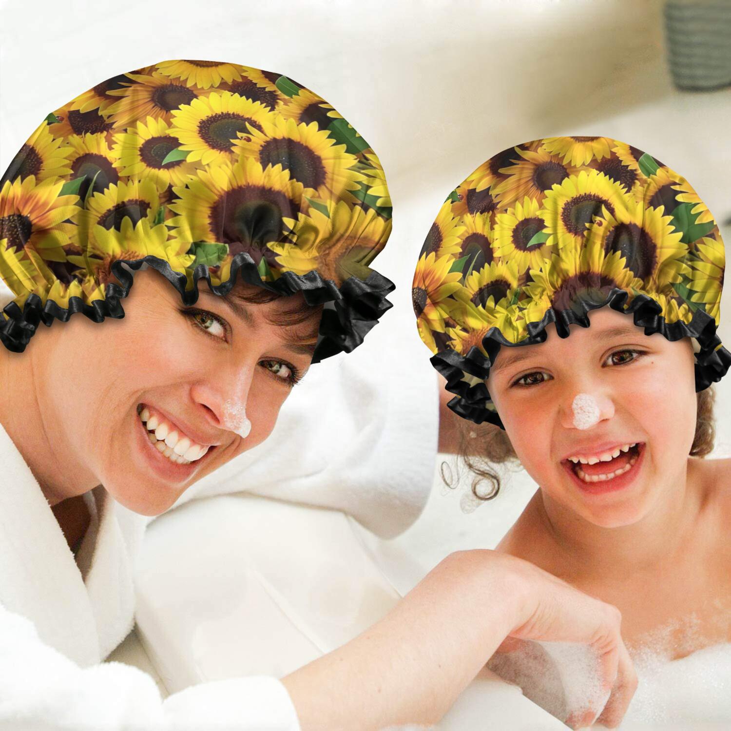 Shower Caps,Green Leaf Sunflower Pattern Waterproof Shower Cap for Women 4 Pieces,Double Reusable Hair Cover for Shower PEVA Elastic Stretch Hem