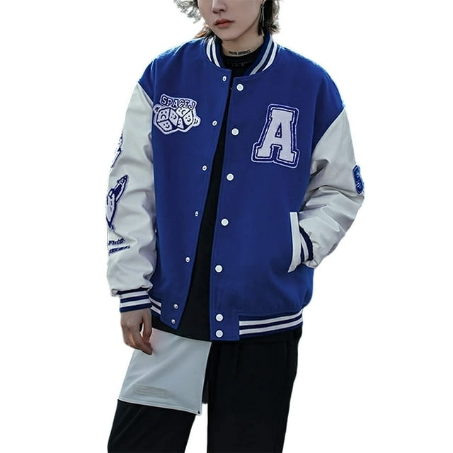 Fortune Men Women Baseball Jacket Embroidery Stand Neck Long Sleeve Snaps Varsity Bomber Jacket
